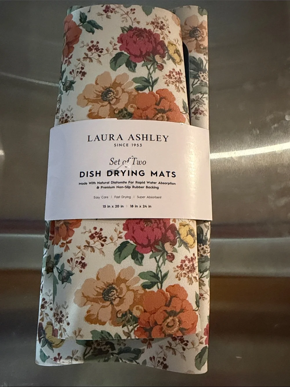 New Laura Ashley Cream Floral Dish Drying Mats - Set of Two